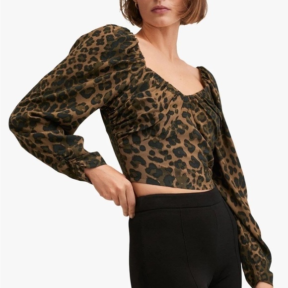 Mango Mng Leopard Animal Print Ruched Sleeve Smocked Back Top - Picture 1 of 9
